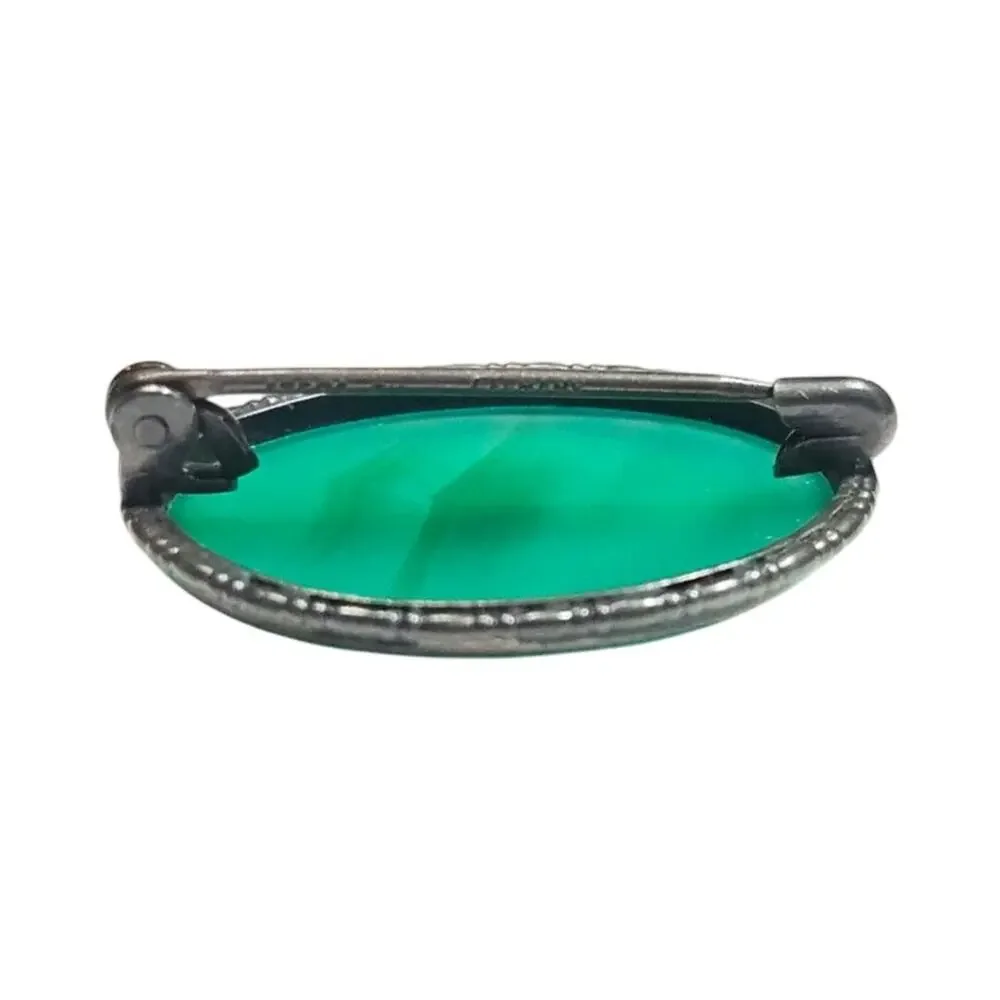 Vintage Art Deco Sterling Germany Dyed Green Onyx Cabochon Brooch Pin